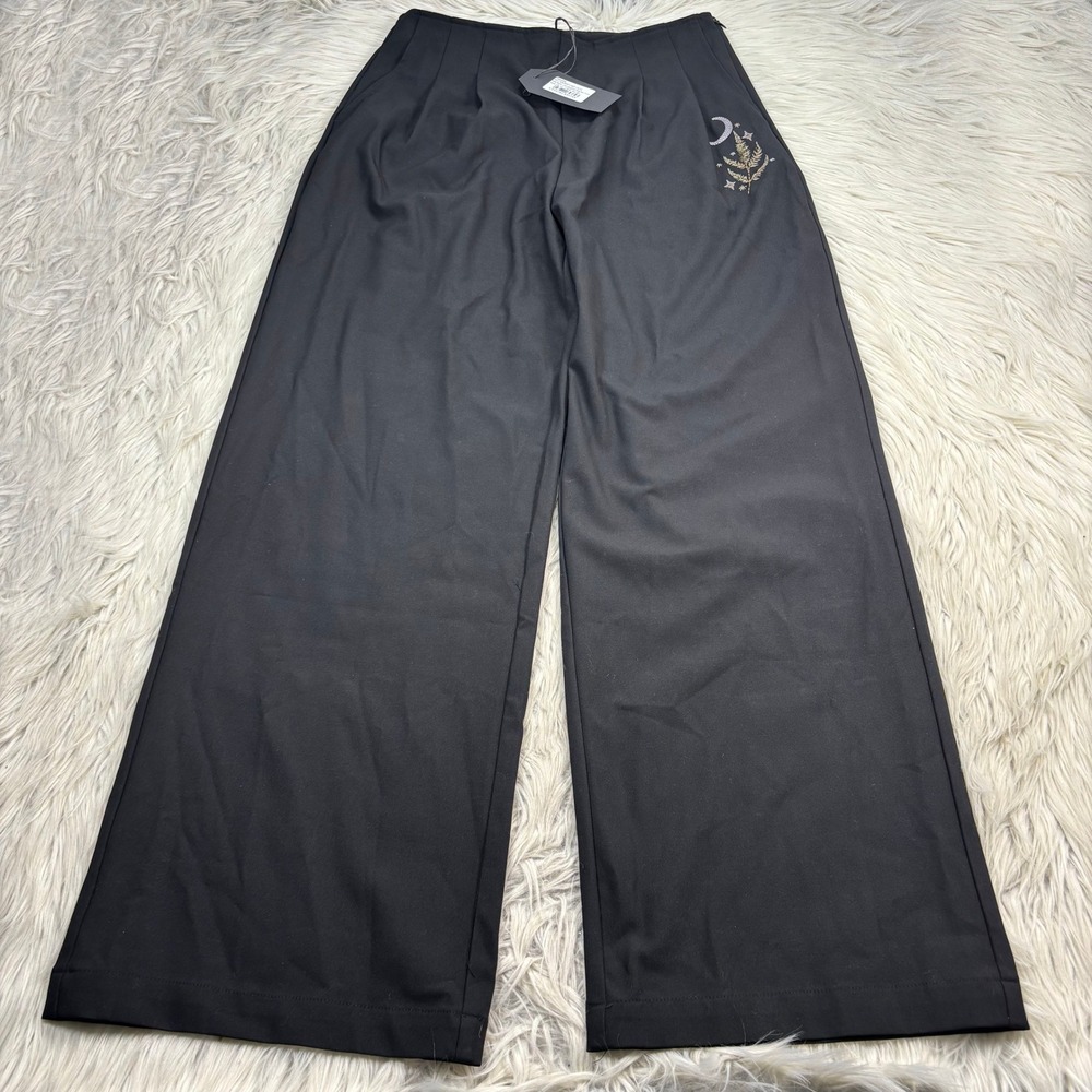 NWT Disturbia Women's US 8 Black Lucia Embroidered Firefly Pant Wide Leg Pleated